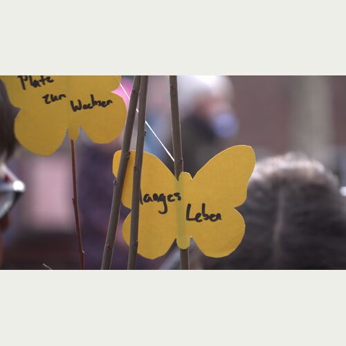 Beim Pflanzfest hängen die Kinder ihre Wünsche für den Baum in Form von Papierschmetterlingen an die Zweige.